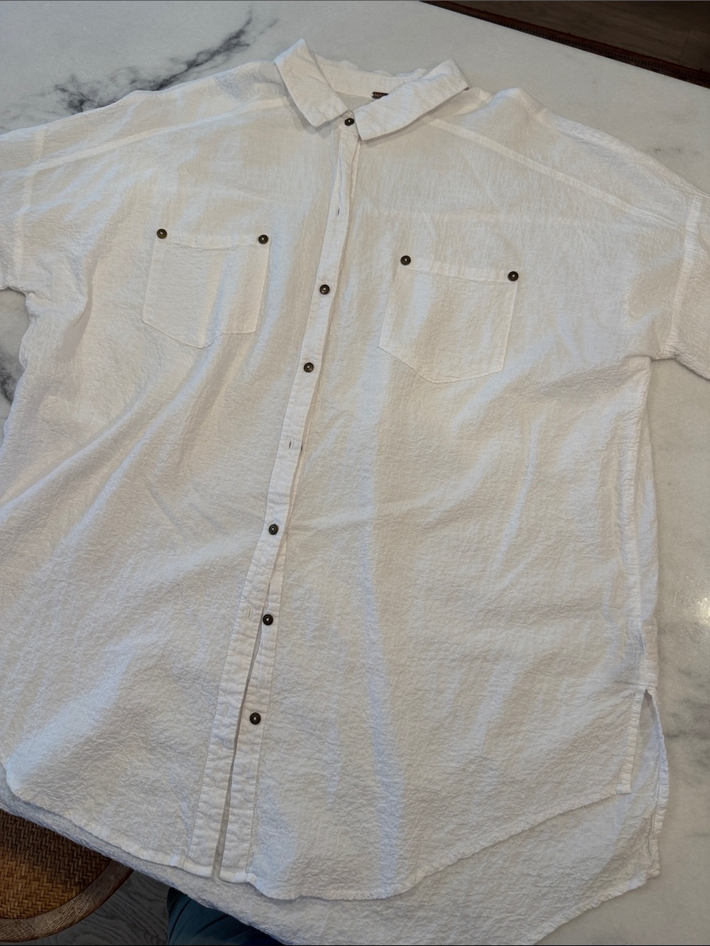 Free People White Short Sleeve Button Shirt with Chest Pockets